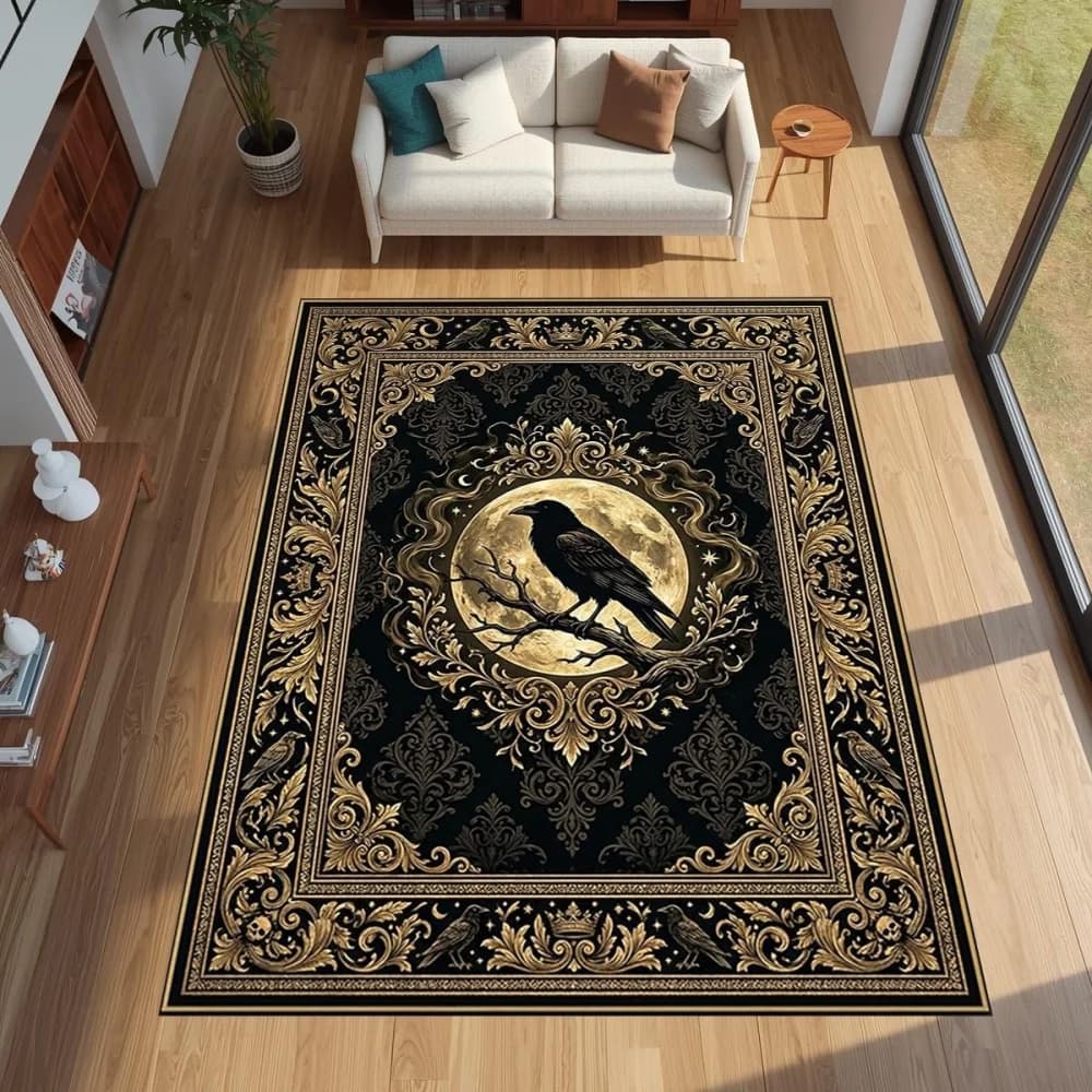 Gothic Golden Raven Full Moon print large Rug living room sofa rug coffee table area sunroom Washable Rug Present