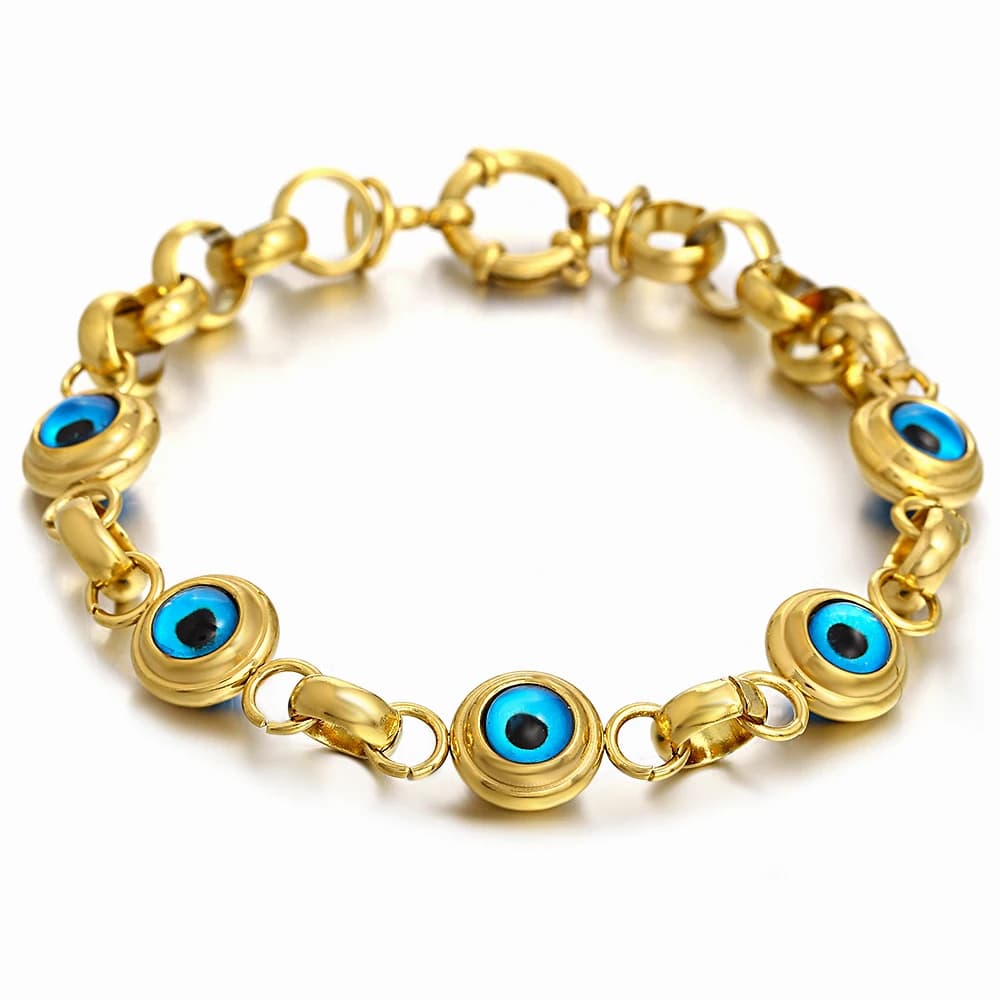 Bracciale a catena robusta vintage con occhio del diavolo blu per donna Uomo Braccialetti con polsino in acciaio inossidabile placcato oro punk Regali di gioielli