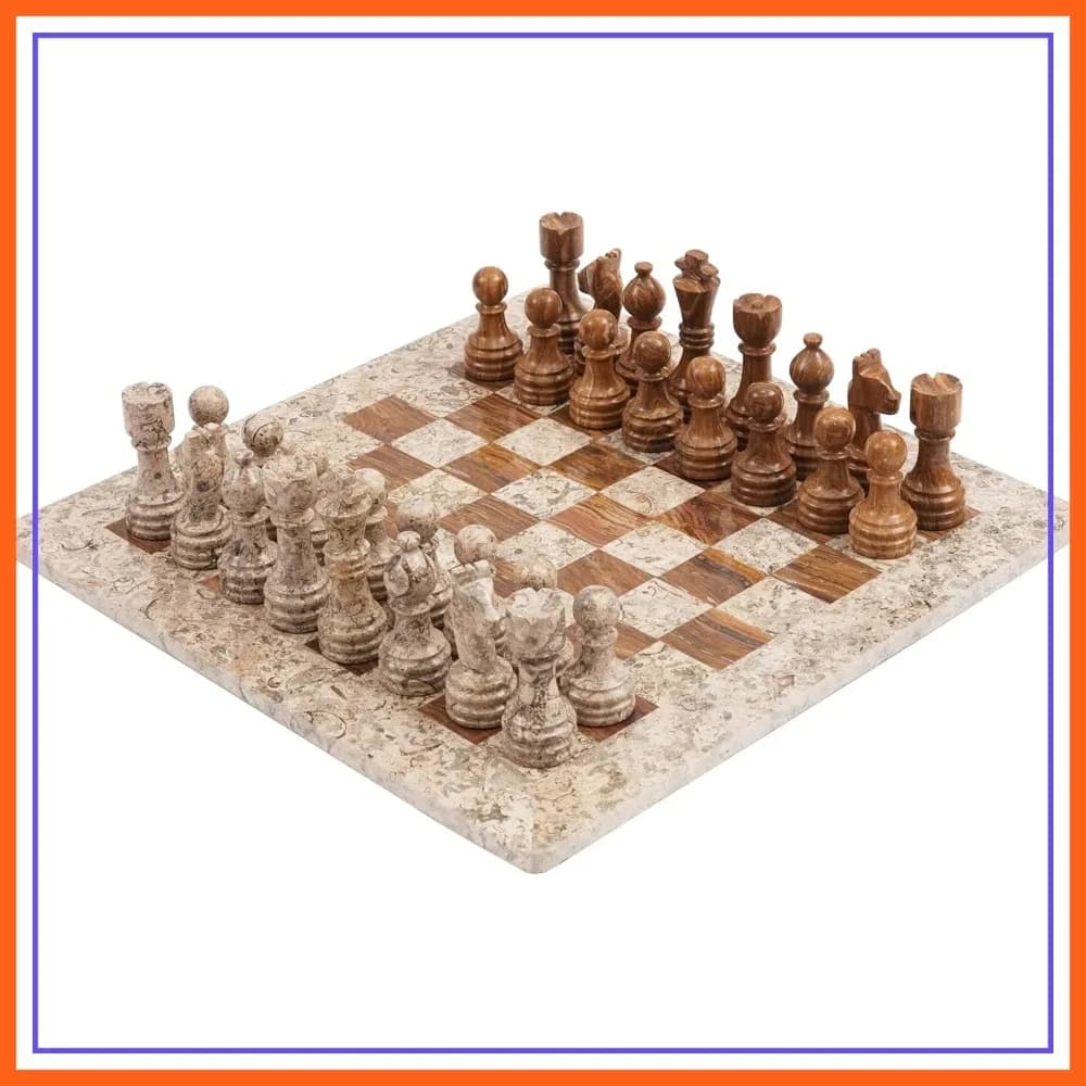 Set di Scacchi in Marmo da 15 Pollici con Pezzi Corallo e Marrone Scuro, Gioco da Tavolo di Lusso Fatto a Mano per Adulti, Decorazione per la Casa