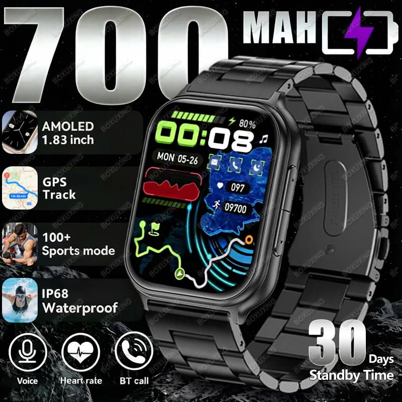 New Smartwatch 2026 with 700mAh Battery, GPS, Waterproof IP68, Cardiofrequencymeter, Bluetooth calls for Men and Women, Compatible with Android and iOS