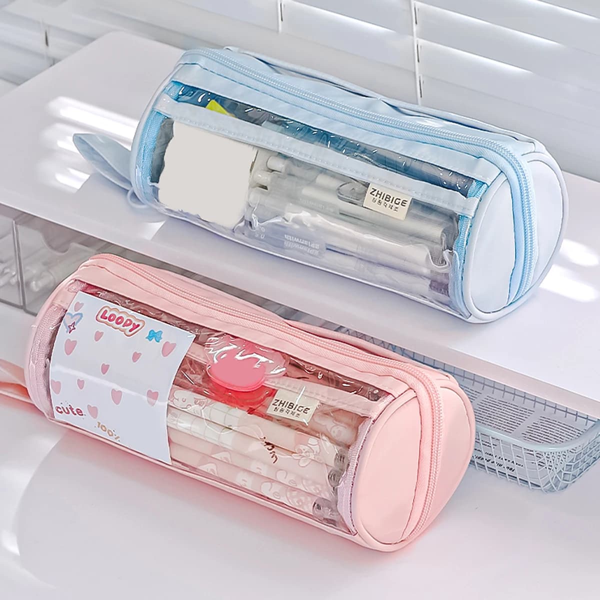 Astuccio Trasparente Creativo, a Forma Cilindrica con Cerniera ad Anello, Borsa Portapenne Semplice e Capiente per Studenti, Forniture Scolastiche e Organizzazione