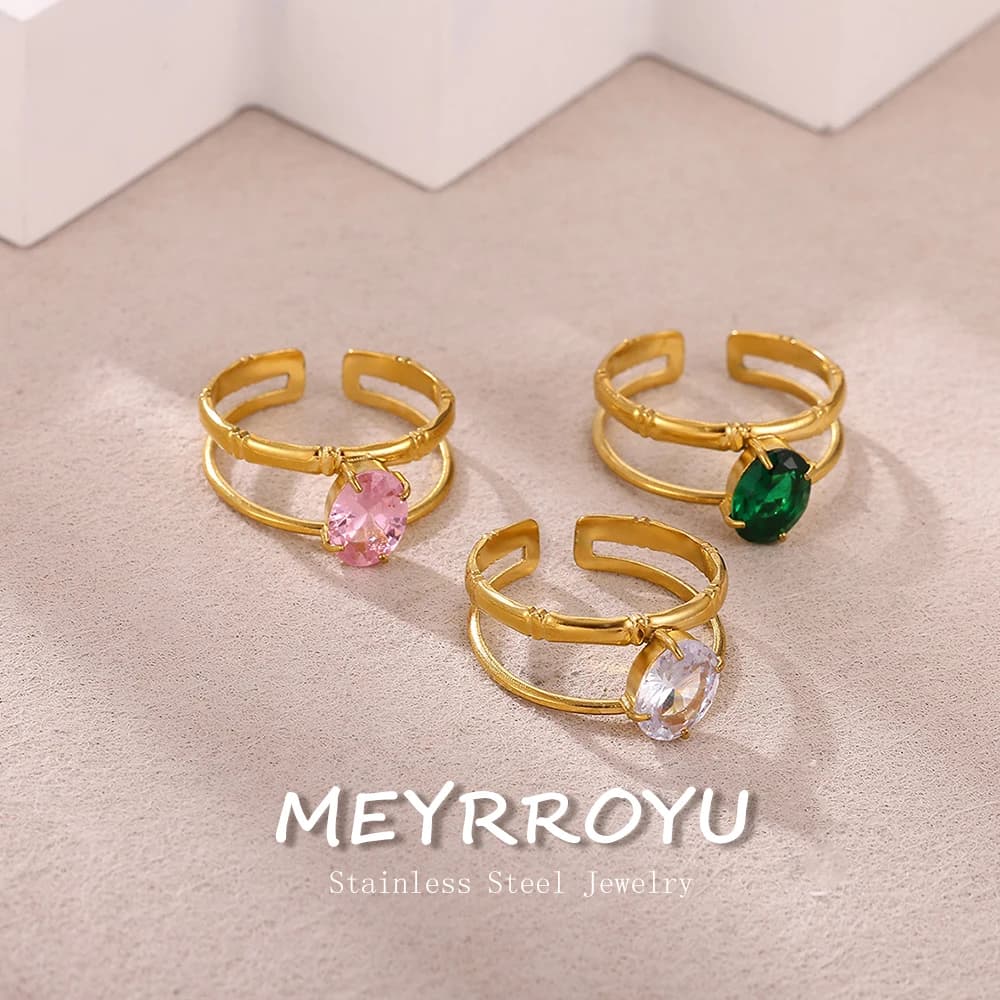 MEYRROYU Anello Aperto in Acciaio Inossidabile 316L Placcato Oro 18K con Zirconi Colorati, Gioiello di Lusso Leggero per Proposta di Matrimonio da Donna, Non Sbiadisce