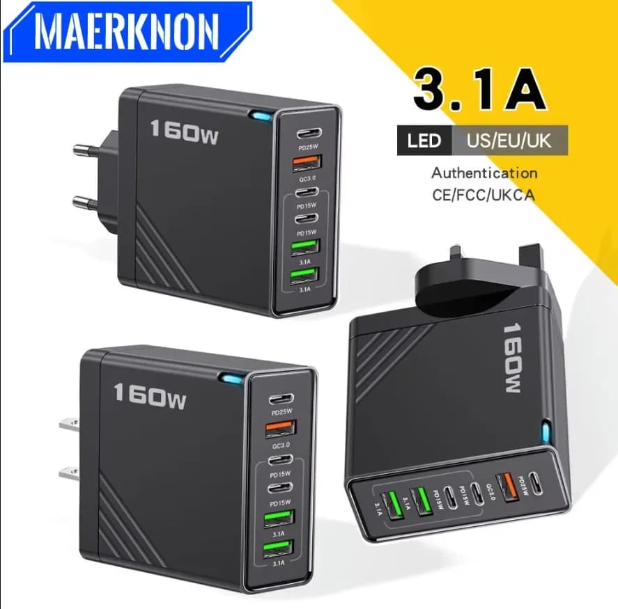 USB Multiport 160W Charger with Quick Charge Type C, EU/US Plug, Wall Charger for iPhone, Samsung, Huawei