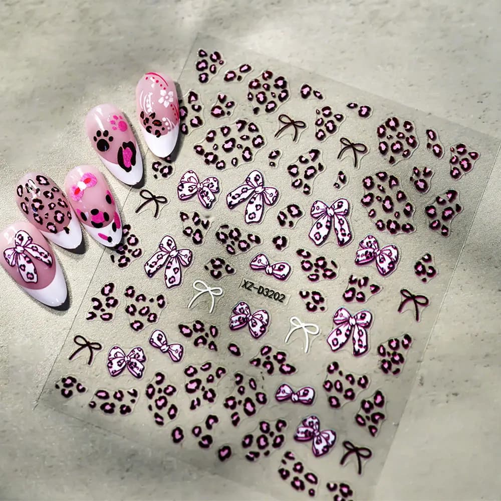 1 pz 3D Retro Stampa Leopardo Arco Unghie artistiche Adesivi Kawaii Nastro Archi Autoadesivi Decalcomanie Per Unghie Carino Leopardo Decalcomanie per manicure 8*10