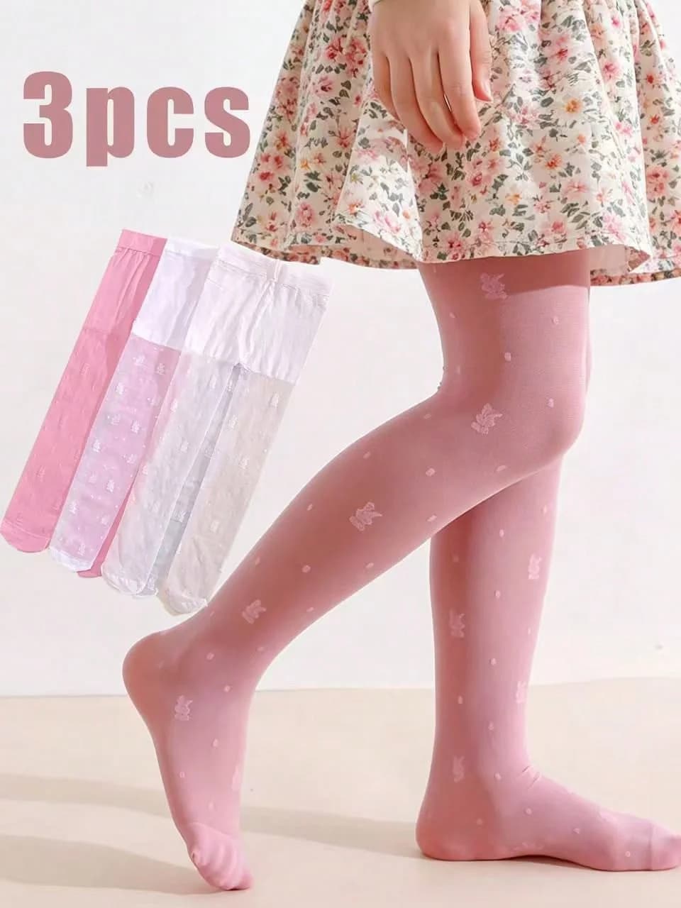 3Pack Girls Rabbit Print Tights 0-14Y UPF50 Sun Protection Sheer Elastic Kids Pantyhose For Summer Dresses, Parties & Daily Wear