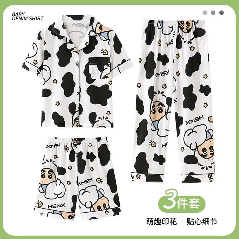 Set Pigiama 3 Pezzi Crayon Shin-Chan per Donna, Estivo con Stampa Mucca, Maniche Corte, Casual, Abbigliamento da Casa con Pantaloncini, Cartone Animato, Nuovo
