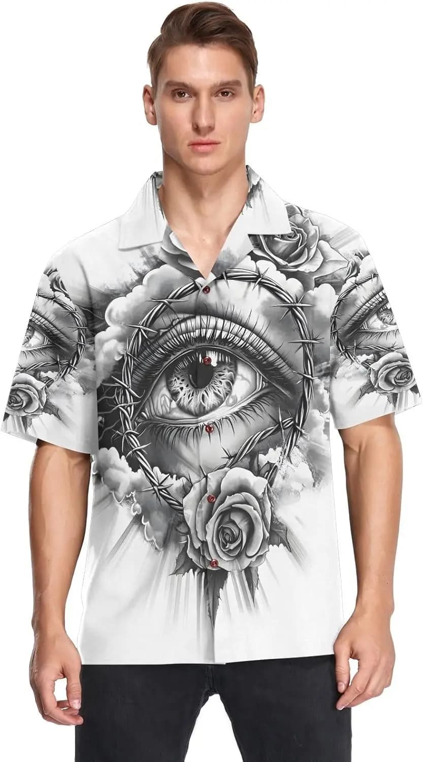 Black White Eyes Rose Men's Hawaiian Shirt Short Sleeve Button Down Summer Beach Casual Shirt S