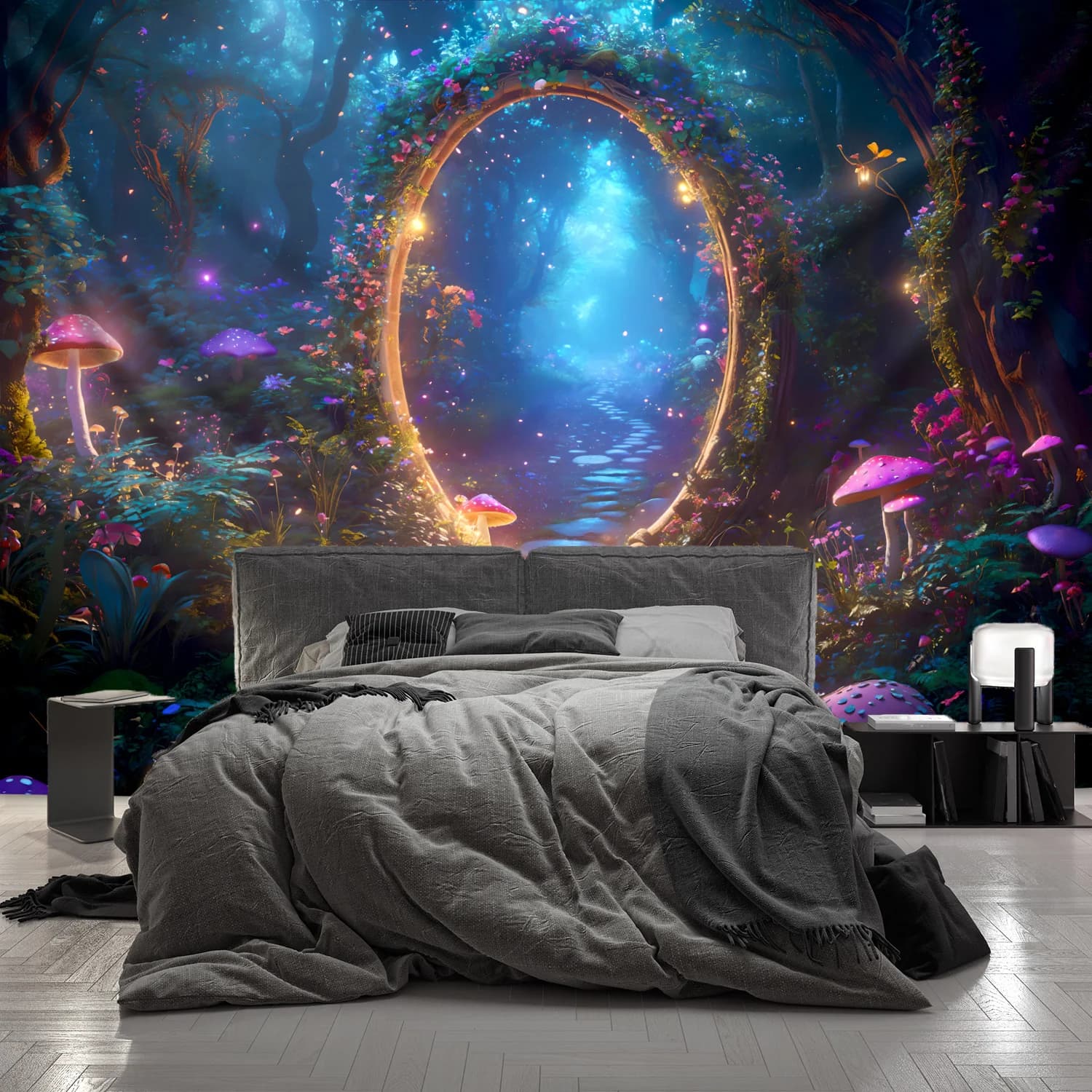 Tapestry Foresta Incantata, Stampa Magica con Portale Luminoso, Funghi e Luci Fatate, Decorazione da Parete per Camera da Letto, Arredo Fantasioso