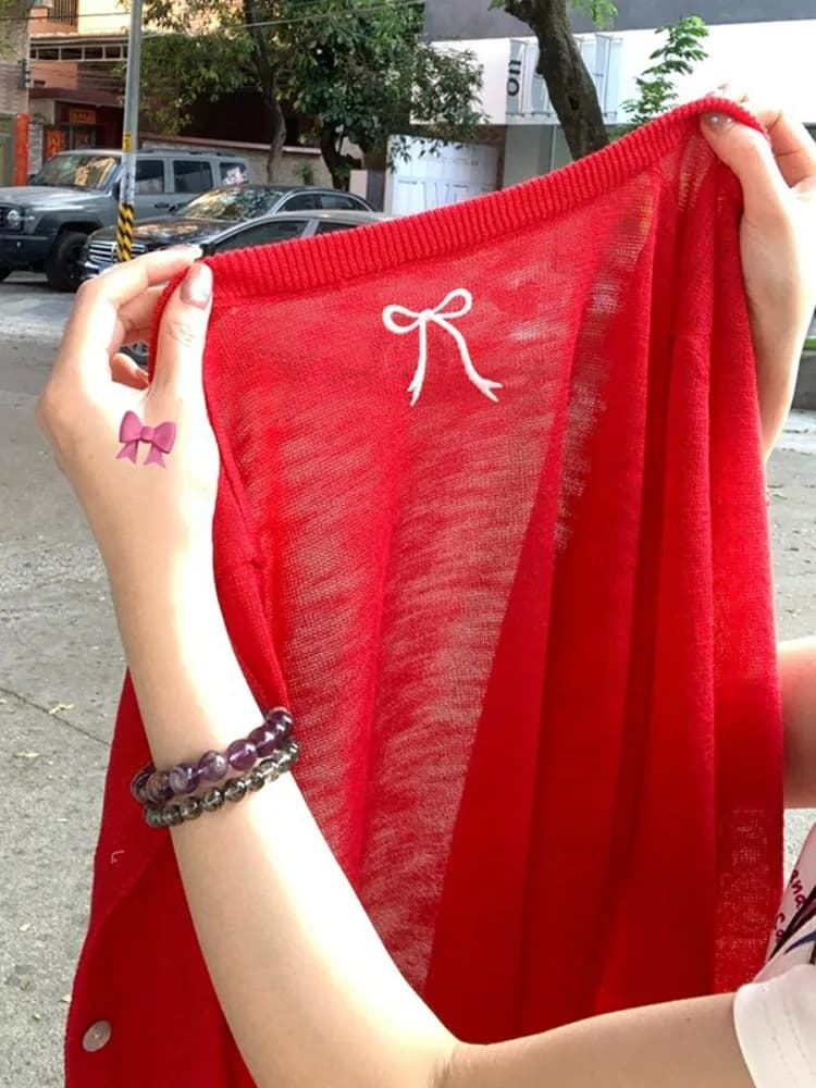 Women's Red Ice Silk Light Knit Cardigan with UV protection, summer cover with buttons and long sleeves
