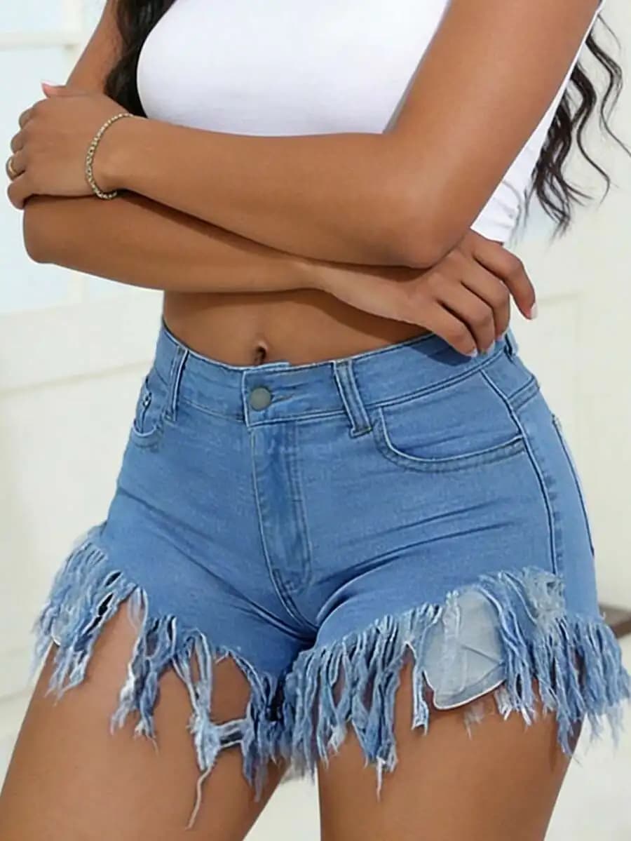 Distressed Frayed Hem Denim Shorts Women Mid Waist Stretch Slim Fit