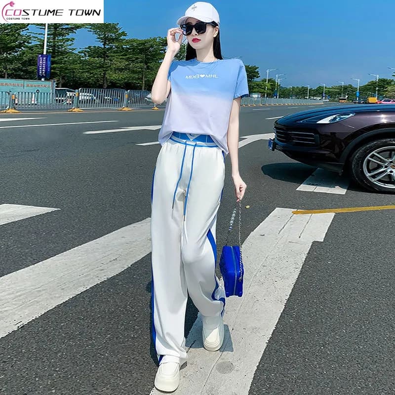 T-shirt a maniche corte color block moda estiva di fascia alta + pantaloni a gamba larga a vita alta set da due pezzi per donna