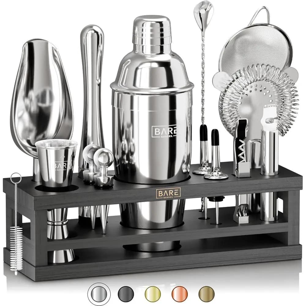 Set da Cocktail 16 Pezzi | Kit da Barman Premium | Shaker Cobbler da 24oz | Include 35 schede ricettuali | Argento/Nero
