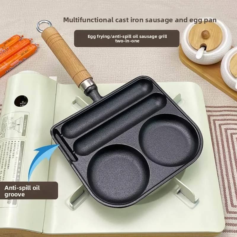 Two-in-One Cast Iron Sausage Pan Outdoor Non-Coated Breakfast Skillet Home Sausage Cooking Tool Egg Fry Pan BBQ Grill Dish