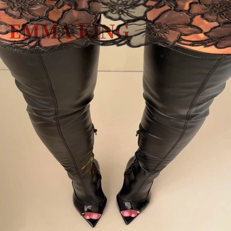 Stivali alti sopra il ginocchio con tacco in nero, stivali alti fino alla coscia, stivali sexy in pelle PU a punta aperta con cerniera laterale, scarpe eleganti