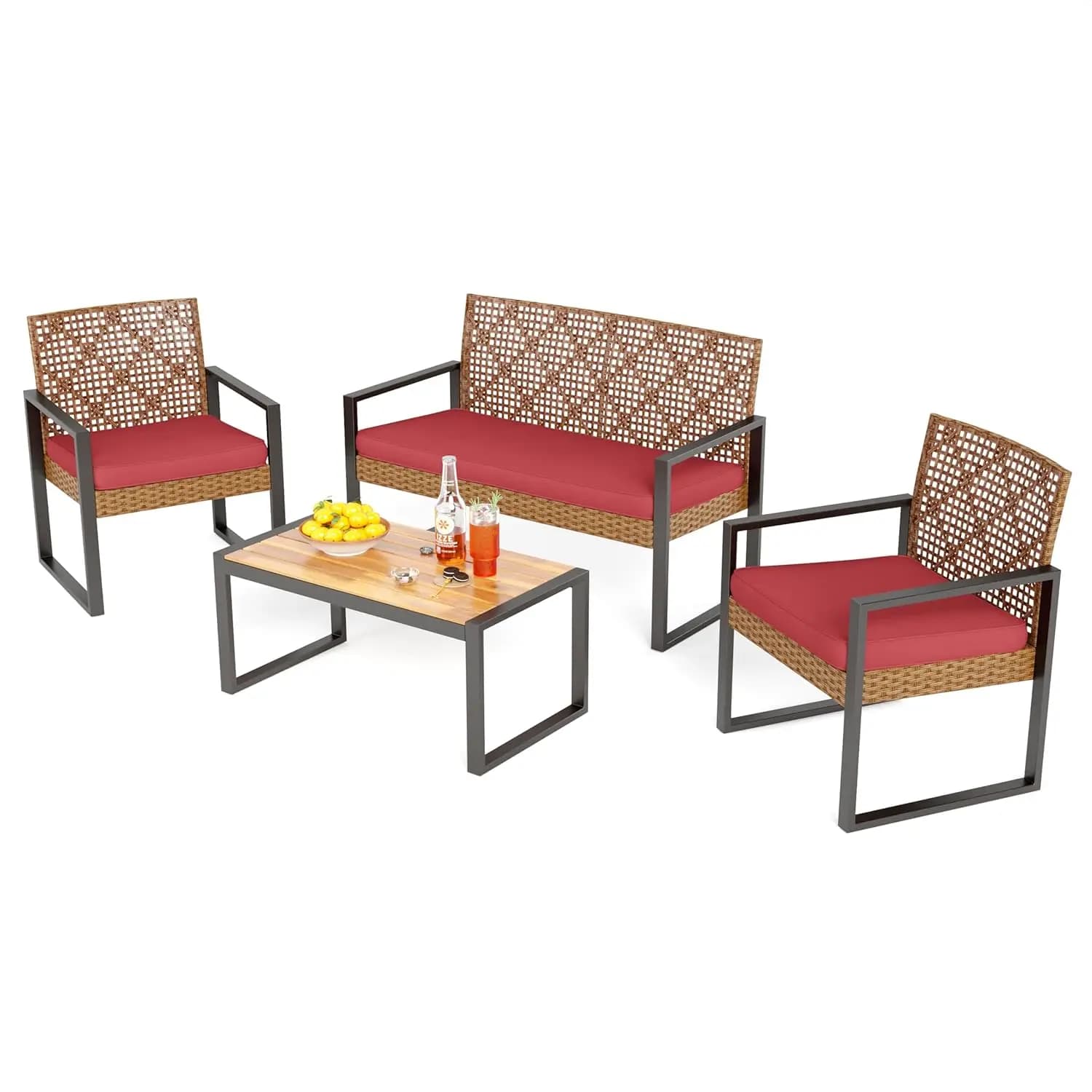 Patio Furniture Set for 4 People, Rattan Sofa and Chairs with Beige Bearings and Acacia Wood Table, for External, Customizable