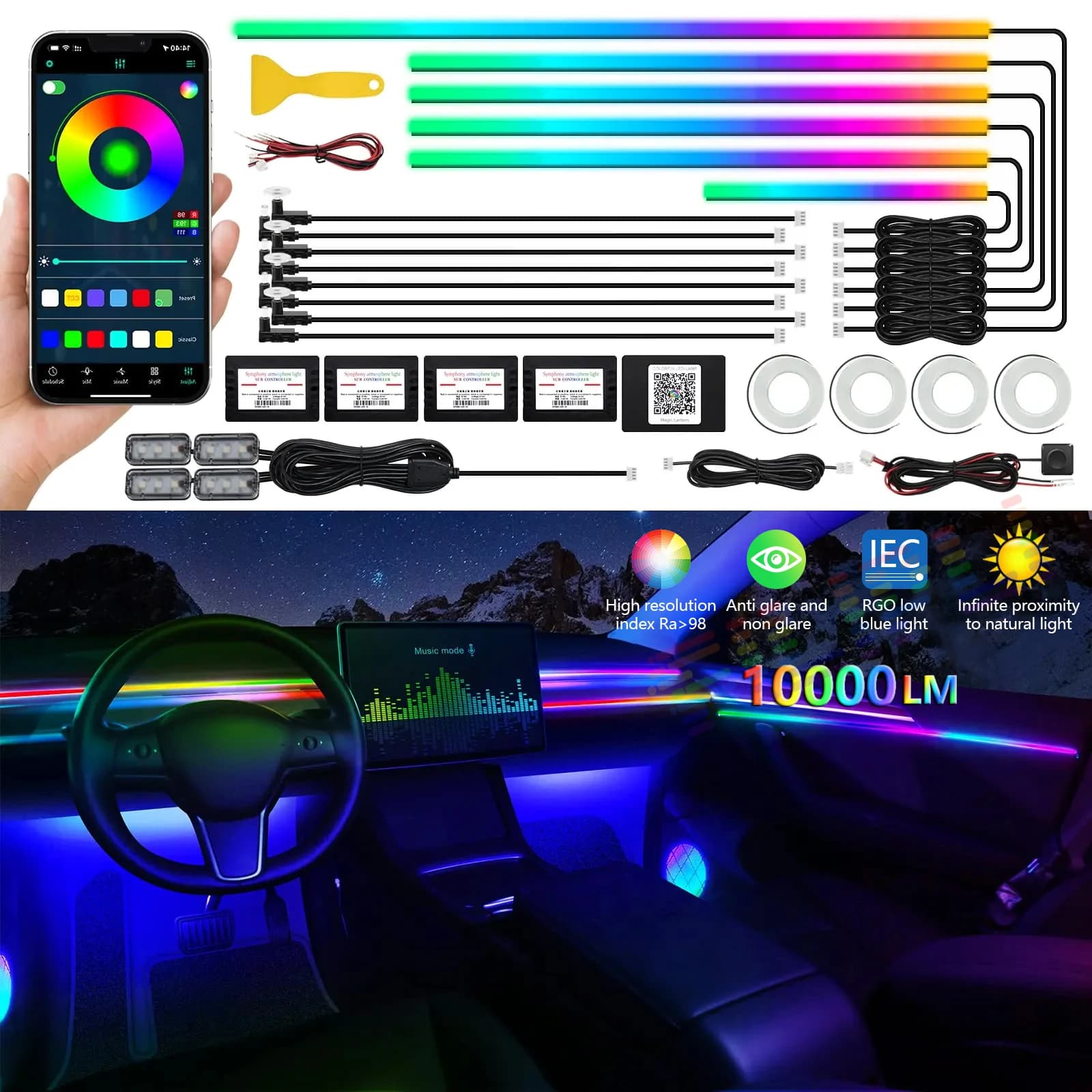 22 In 1 Full RGB 213 Colors Streamer Car LED Interior Ambient Lights Universal Hidden Acrylic Strip Symphony Atmosphere Lamp