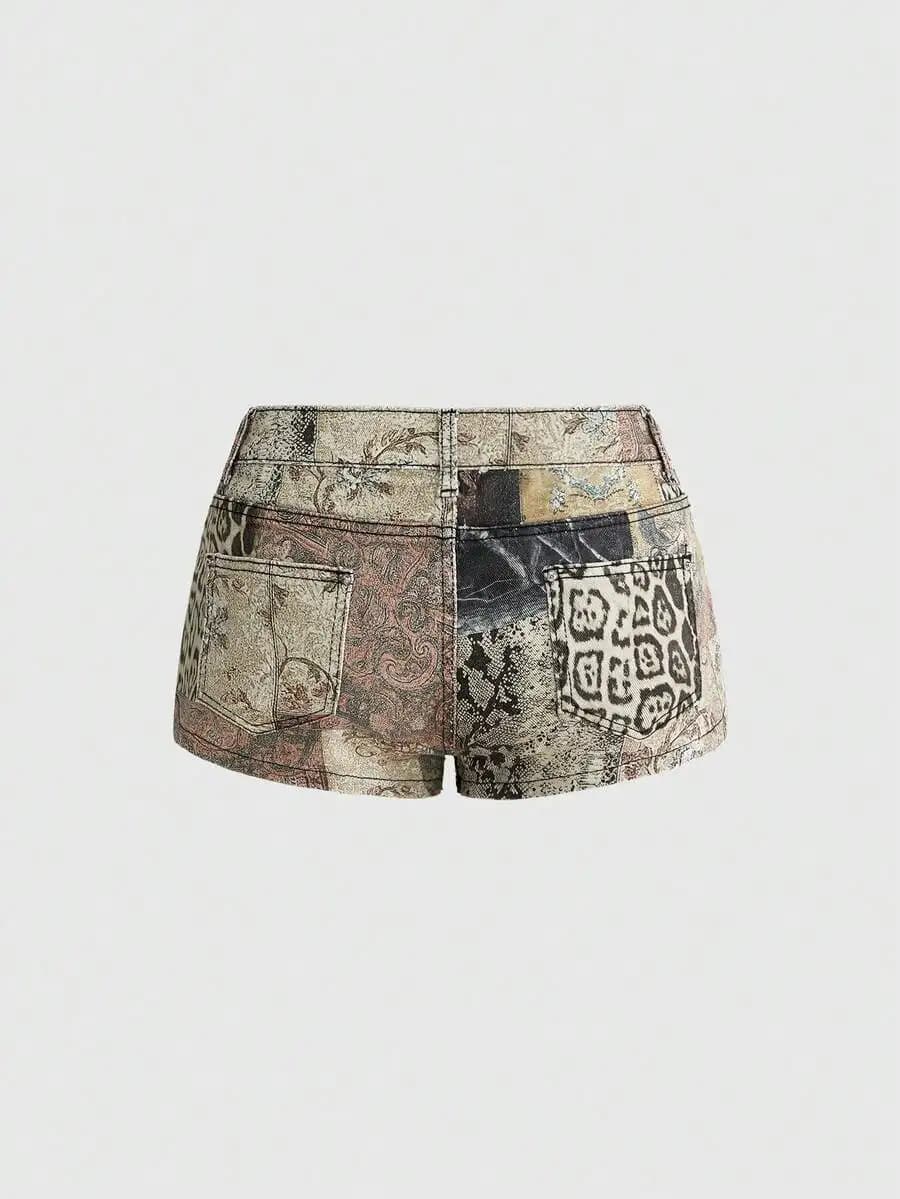 Vintage Animal And Retro Print Denim Mini Shorts Low Waist Summer Casual