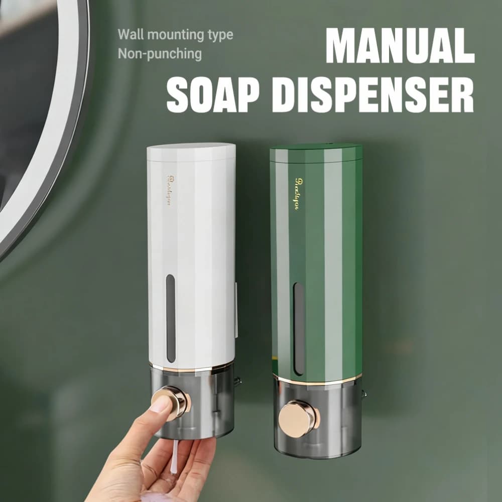 Manual Press Soap Dispenser 450ml Wall Mount - No Drill Required Adhesive Design for Home Hotel Bathroom and Kitchen Detergent