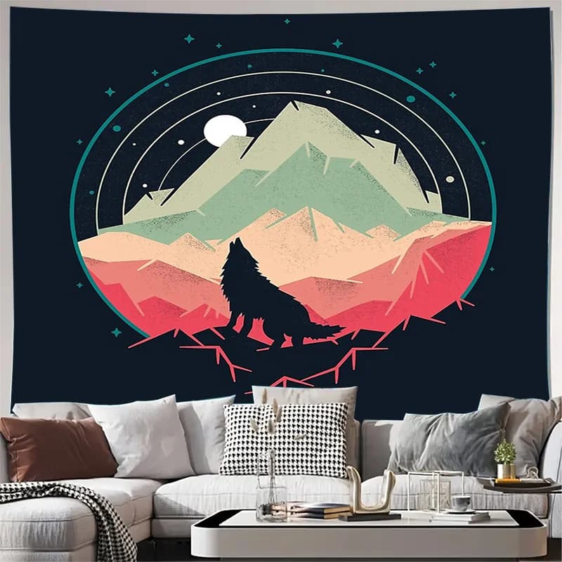 Wolf Mountain Tapestry Forest Animals Nature Wall Hanging Psychedelic Home Decor Bohemian Hippie Room Aesthetic Tapestry