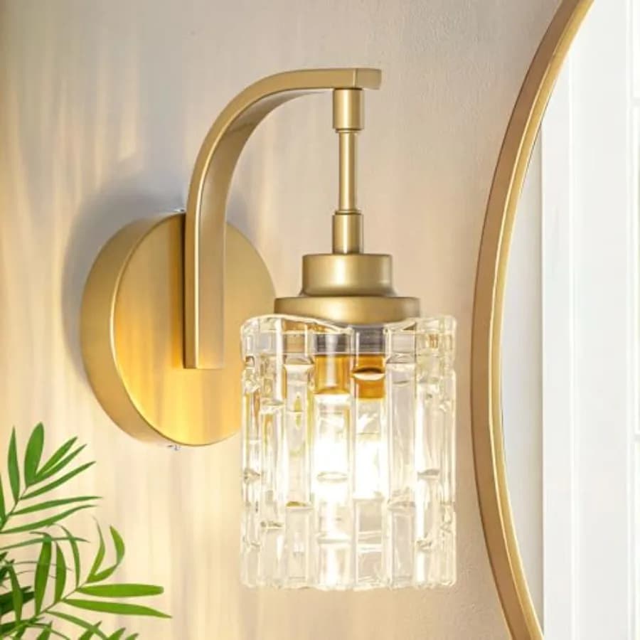 Applique da Parete per Bagno, Lampada a 1 Luce in Ottone Vintage con Paralume in Vetro Trasparente, Illuminazione a Montaggio a Parete per Specchio e Camera da Letto