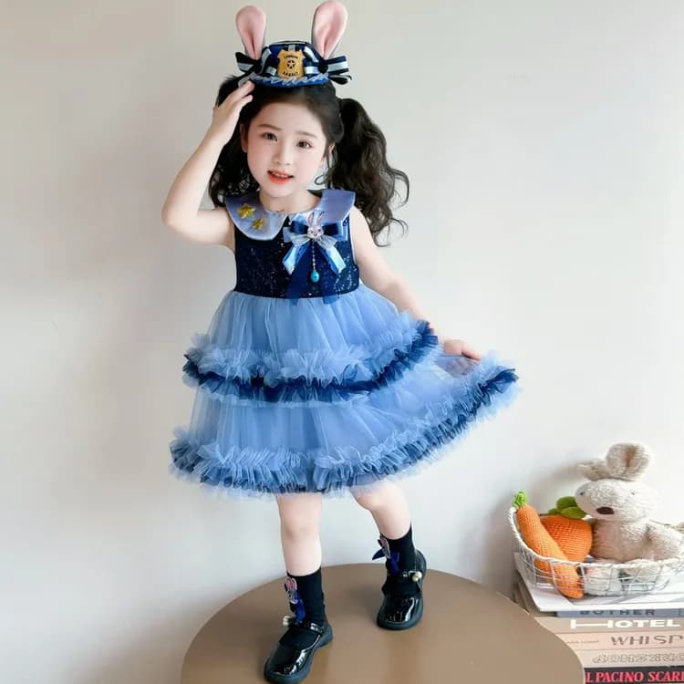 Abito Estivo da Principessa per Bambine, Gonna in Pizzo Senza Maniche, Tema Poliziotta, in Morbido Cotone Leggero ed Elegante, Lunghezza al Ginocchio