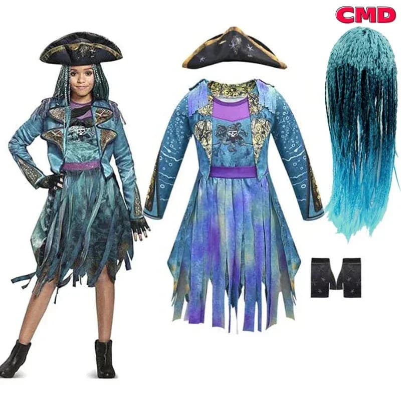 ♥ 2025 Nuovo COS Discendenti 3 Mal Bertha Malfica Riccioli Live Evil Dritto Blu Ragazze Cosplay Cap Dress Halloween Costum ★ ☆ ly99