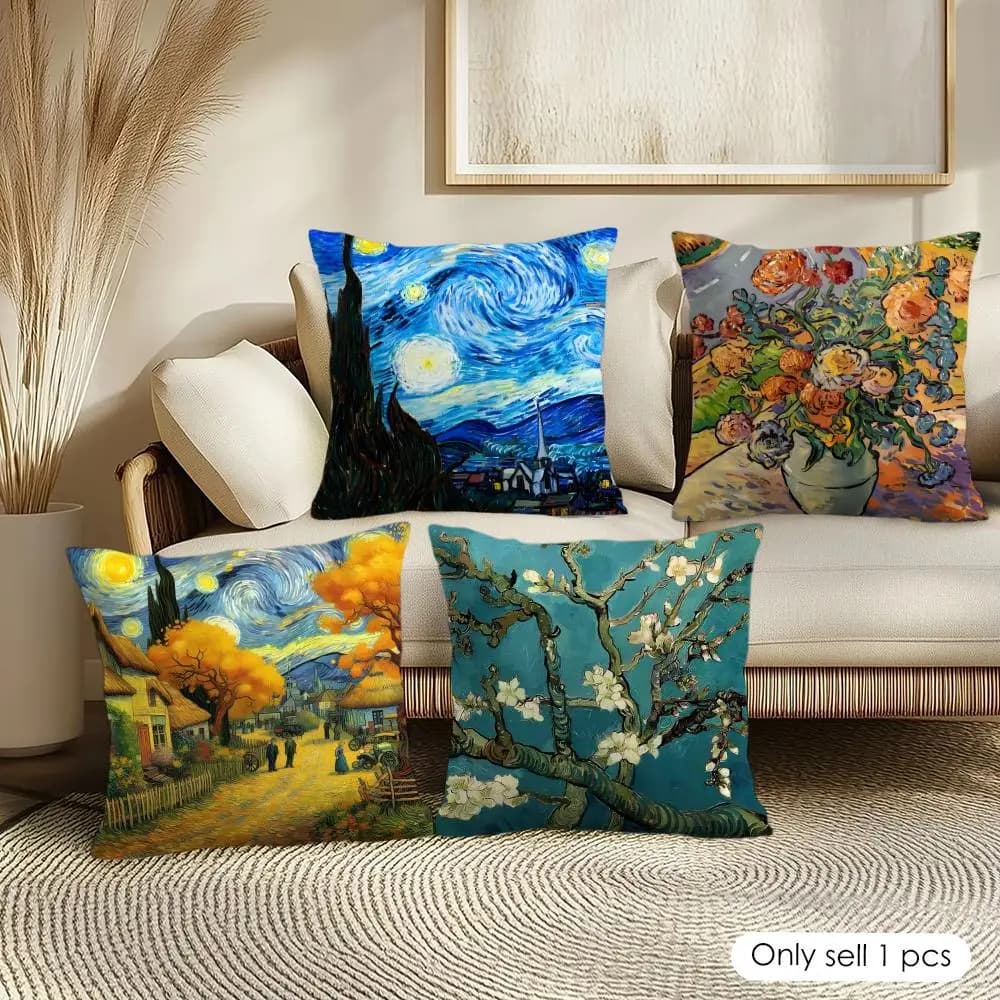 Fodera per cuscino con dipinti a olio di Van Gogh, morbida in peluche corto, texture liscia e accogliente, estetica, per decorazioni domestiche