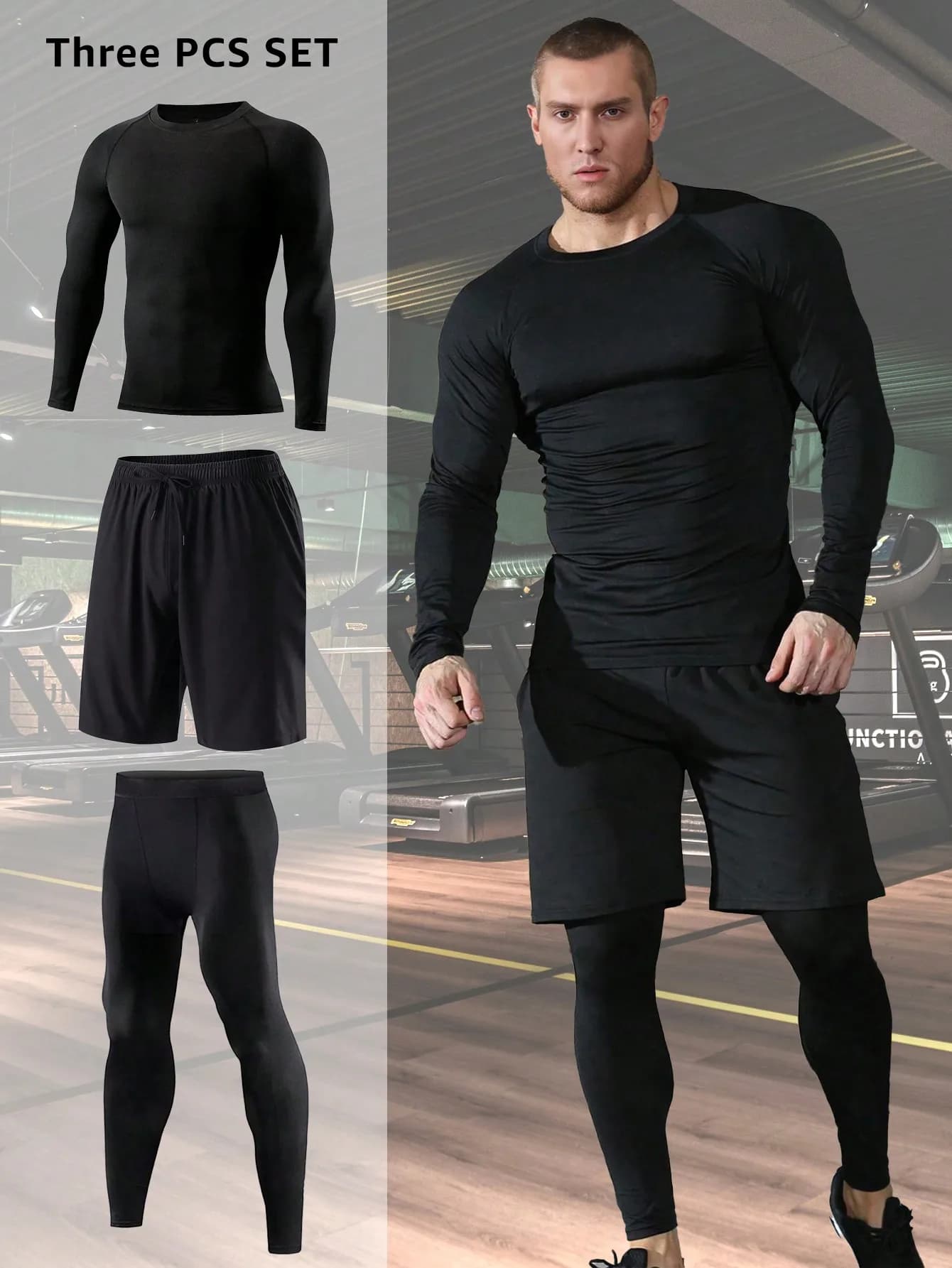 Set Sportivo da Uomo in 3 Pezzi ad Asciugatura Rapida: Maglia a Maniche Lunghe, Pantaloncini e Leggings
