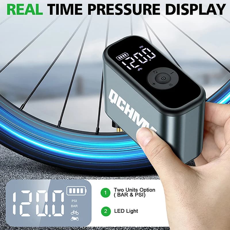 Mini Pompa per Bicicletta, Compressore d'Aria Elettrico Portatile Wireless con Manometro Digitale LED