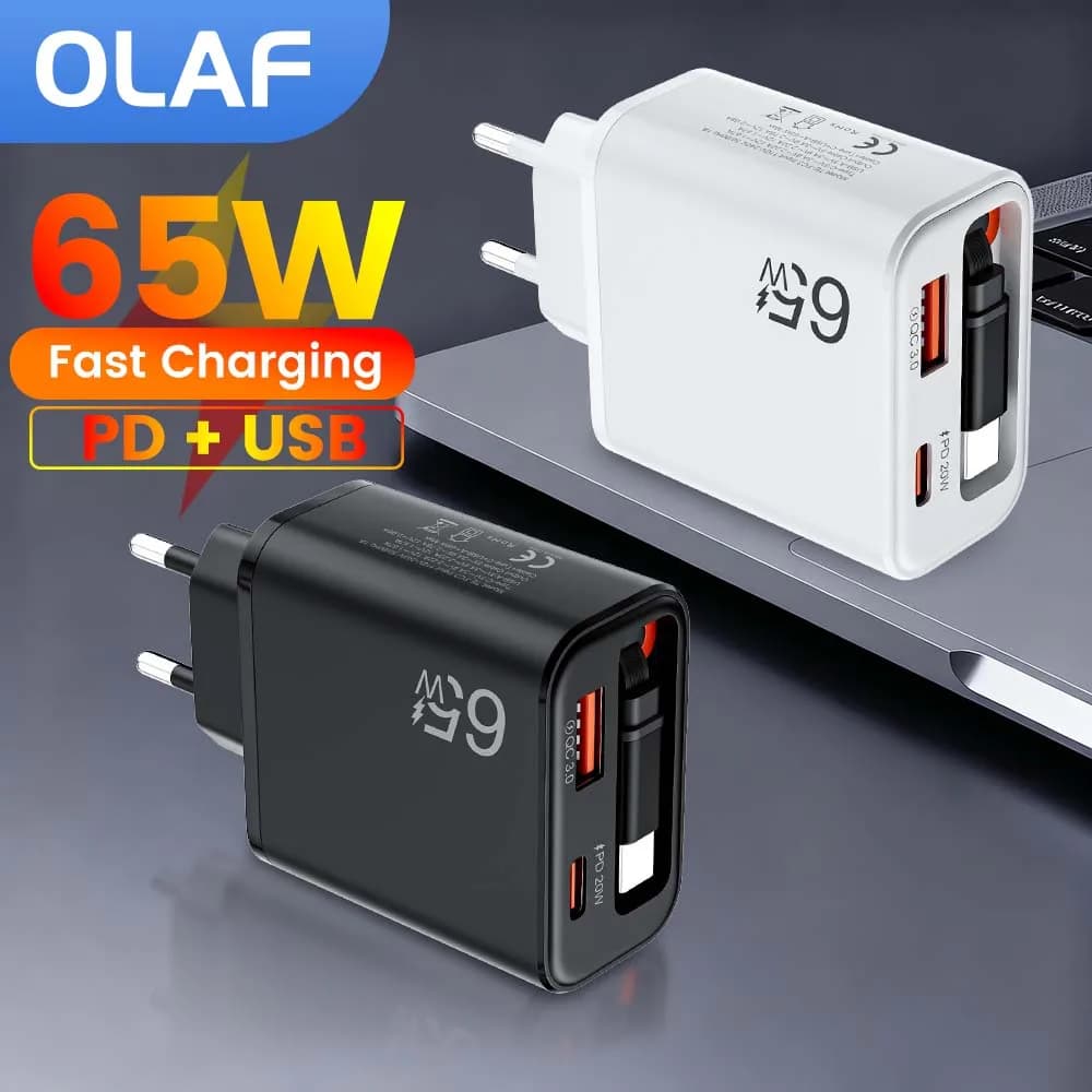 Caricatore da muro a ricarica super veloce da 65 W con cavo USB C retrattile per iPhone 17 16 15 QC3.0 Adattatore per caricabatterie per Samsung Xiaomi