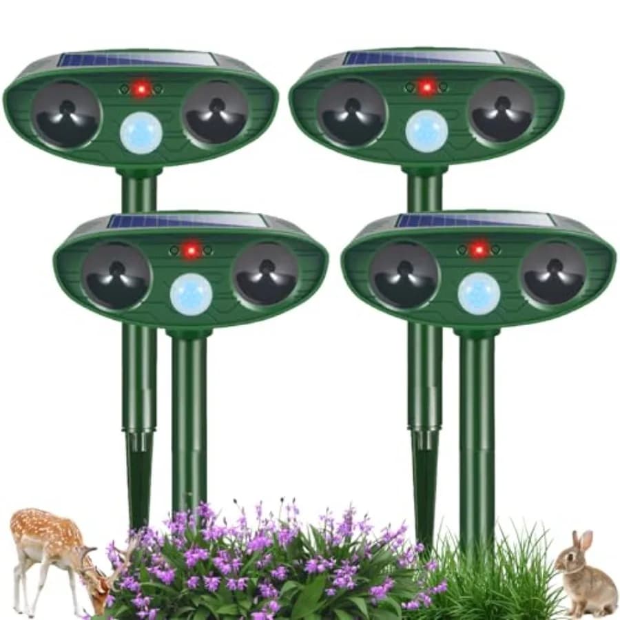 Outdoor solar ultrasonic deer repellent with motion sensor for gardens and farms, ABS plastic in black, 4-pack sonic fortress p