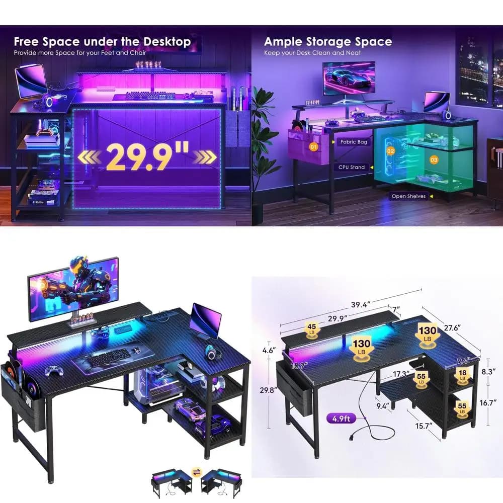 40-inch L Gaming Desk with USB Doors, LED Lights, Storage Pads and Monitor Support, Carbon Fiber Effect, Black