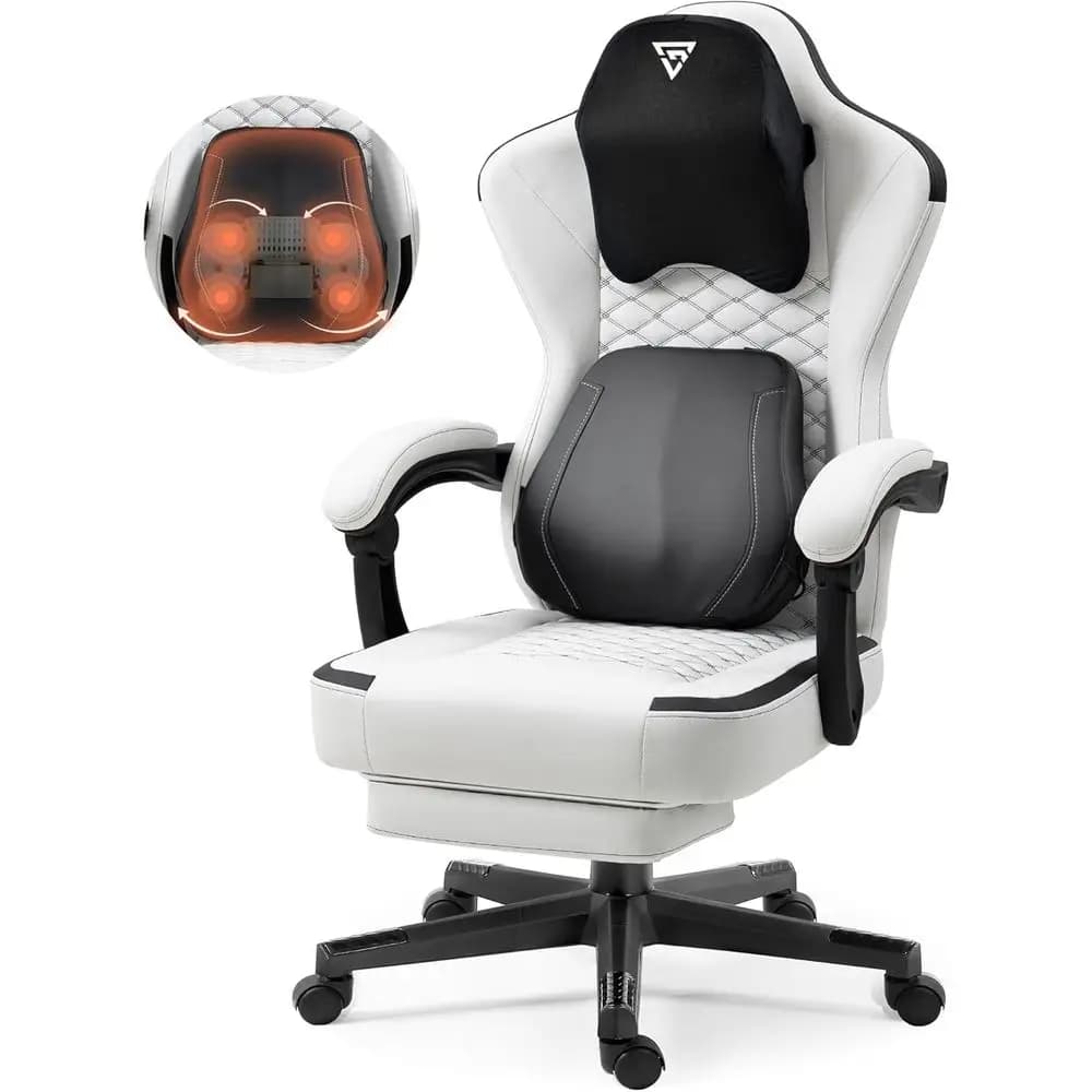 Sedia da gaming ergonomica reclinabile con schienale alto, massaggio riscaldato e supporto lombare, bianca, 330 libbre