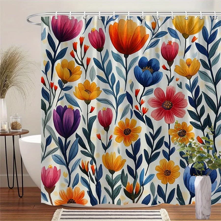 1pc vibrant hand painted watercolor floral shower curtain-delicate petals and soft background, polyester fabric machine washable