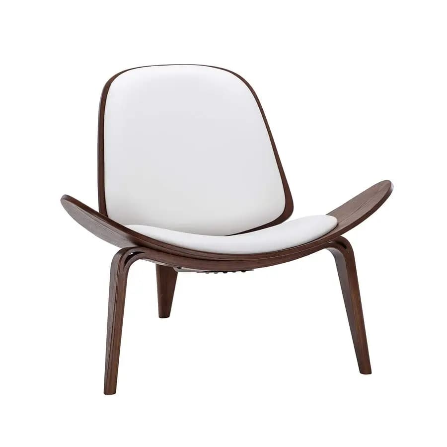 Poltrona Lounge Mid-Century Moderna con Base a Treppiede in Compensato, Rivestimento in Ecopelle, Colore Noce, Bianco