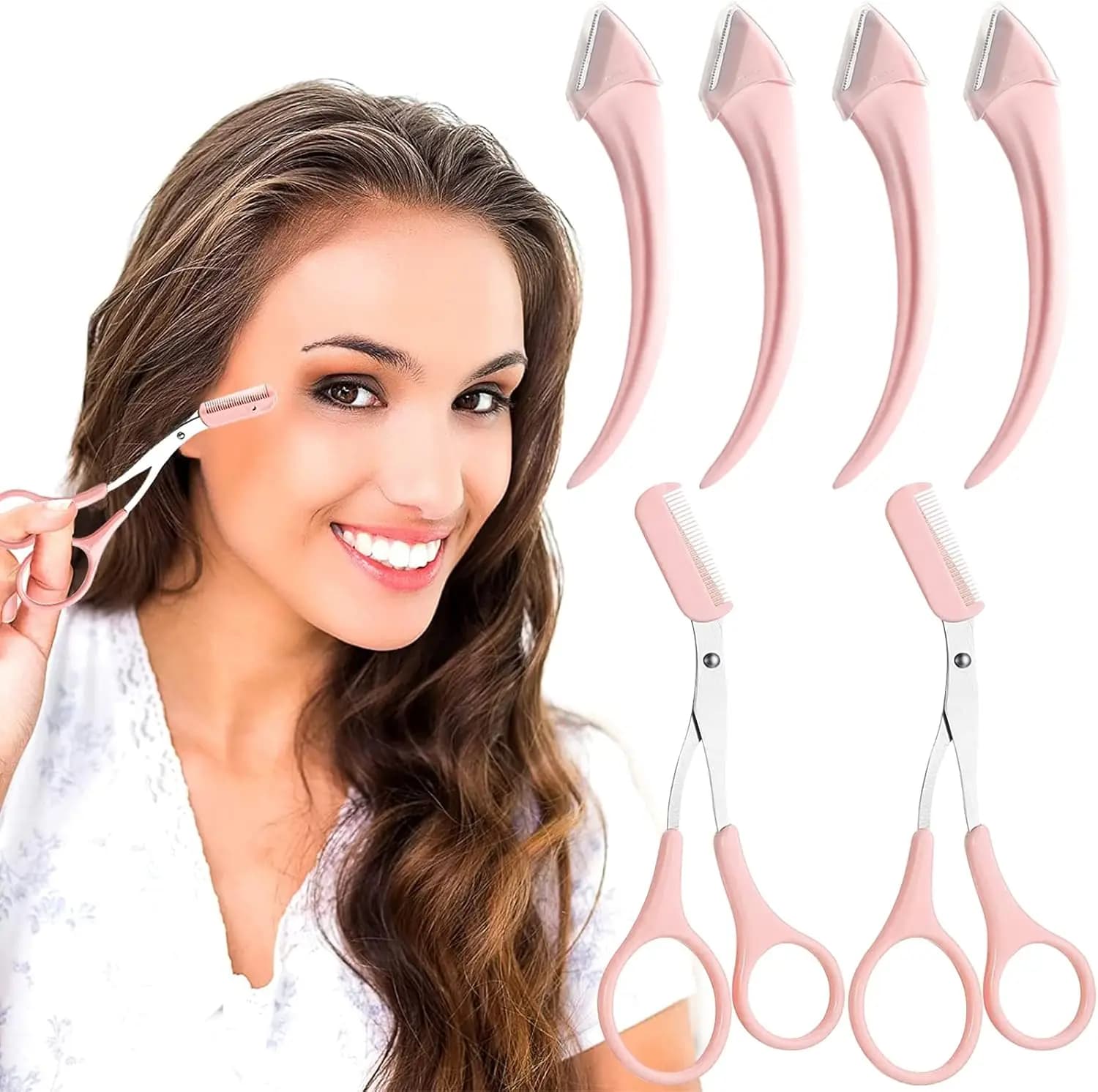 Set di 6 Trimmer per Sopracciglia Curvi in Acciaio Inossidabile con Forbici e Pettine, Strumento di Bellezza per Principianti