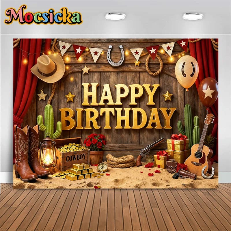 Mocsicka Western Cowboy Happy Birthday Backdrop Rustic Cactus Cowboy Boots Hat Gold Coin Photography Background Boy Party Banner
