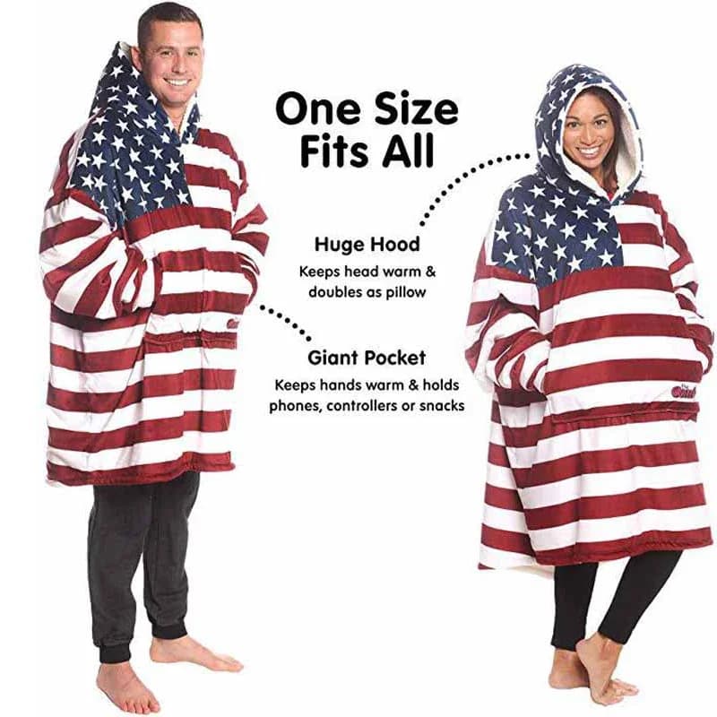 American Flag Hooded Blanket for Men Women,Sherpa Sweatshirt with Sleeves,Wearable Pullover,TV Nap Blanket,TV Pocket,Gift,Winter