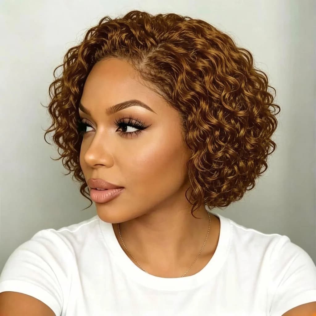 13X4 Lace Front Wigs Human Hair Curly Pixie Bob Wigs 8 Inches Natural Short Hair Style 180% Density