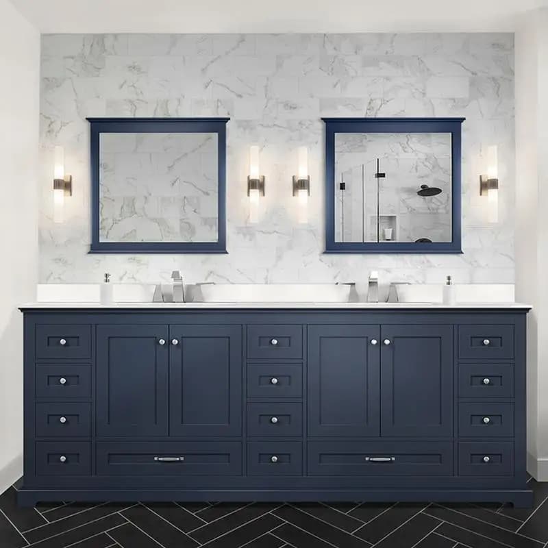 Vanity da bagno doppio blu navy 84" L x 22" D, piano in quarzo bianco, set di rubinetti e specchi da 34", soluzione per riporre il bagno