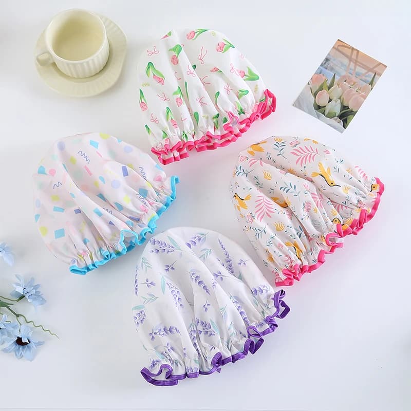 New double layer shower cap with floral pattern, waterproof, reusable, printed, for women, spa, salon, travel.