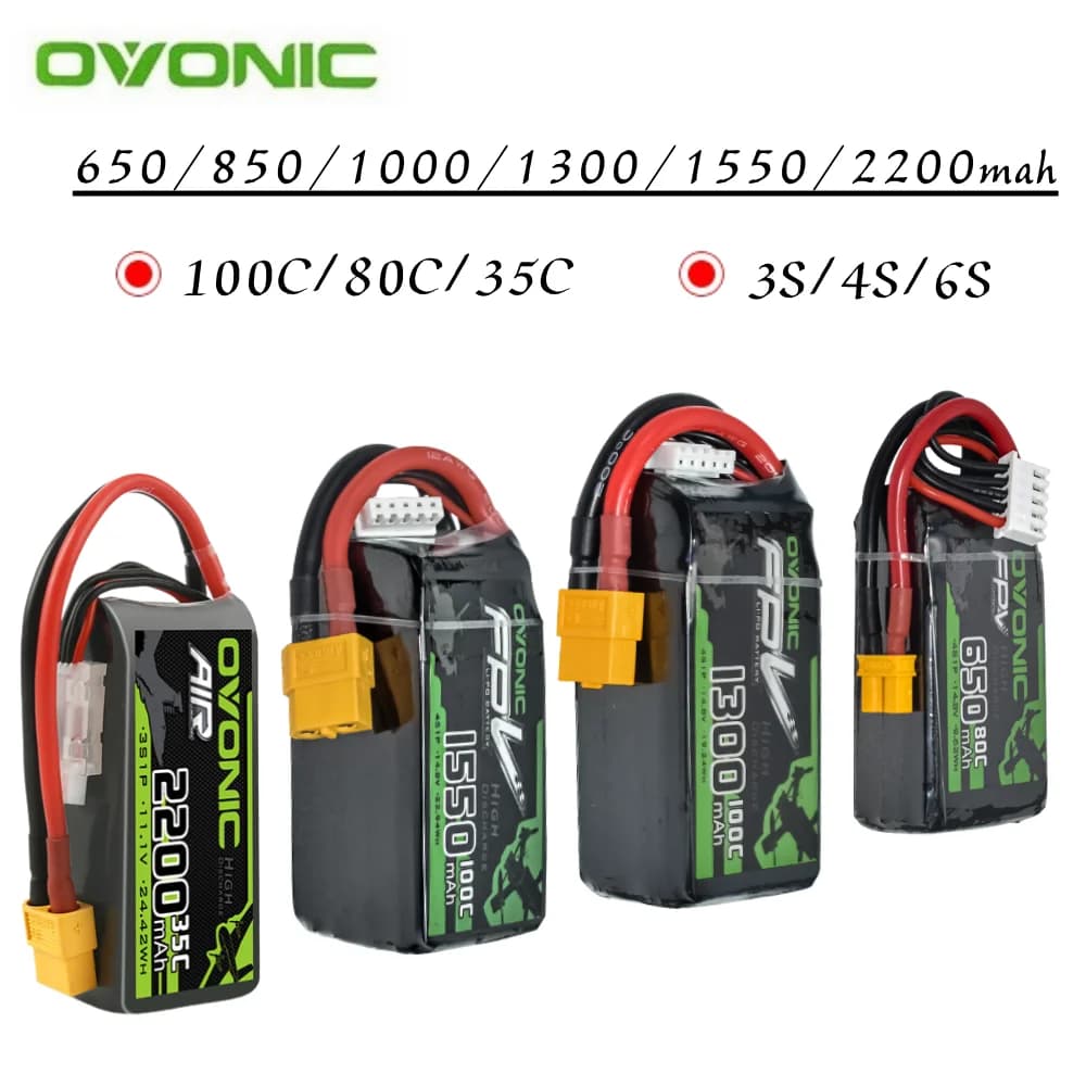 Batteria Lipo OVONIC 650/850/1000/1300/1550/2200mAh 100/80/35C 3S/4S/6S per Elicottero RC, Quadricottero, Drone da Corsa FPV - Componenti