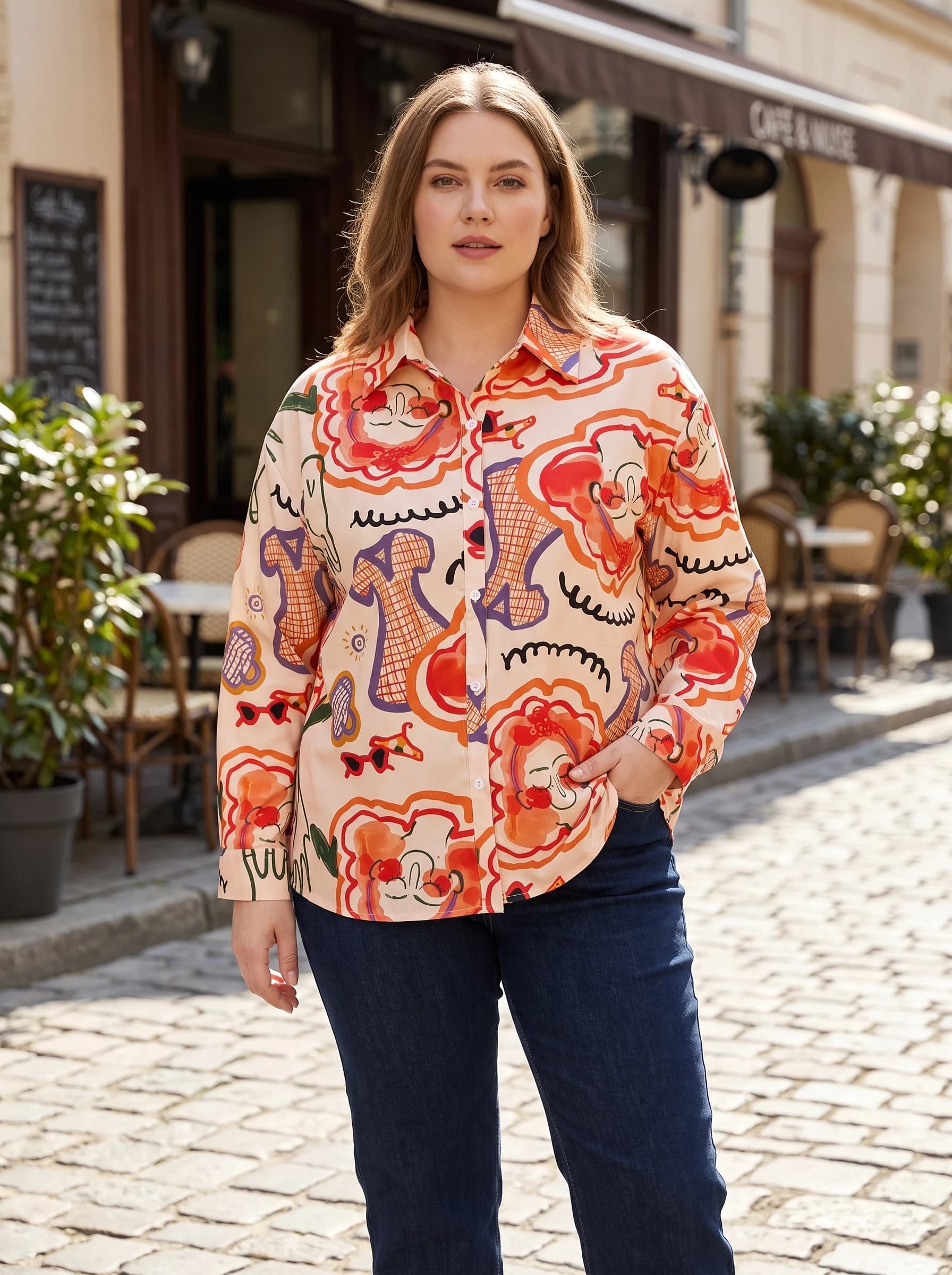 Gadinus Plus Size Women Printed Long Sleeve Shirt Casual Loose Fit Button Up Blouse Fashion Top