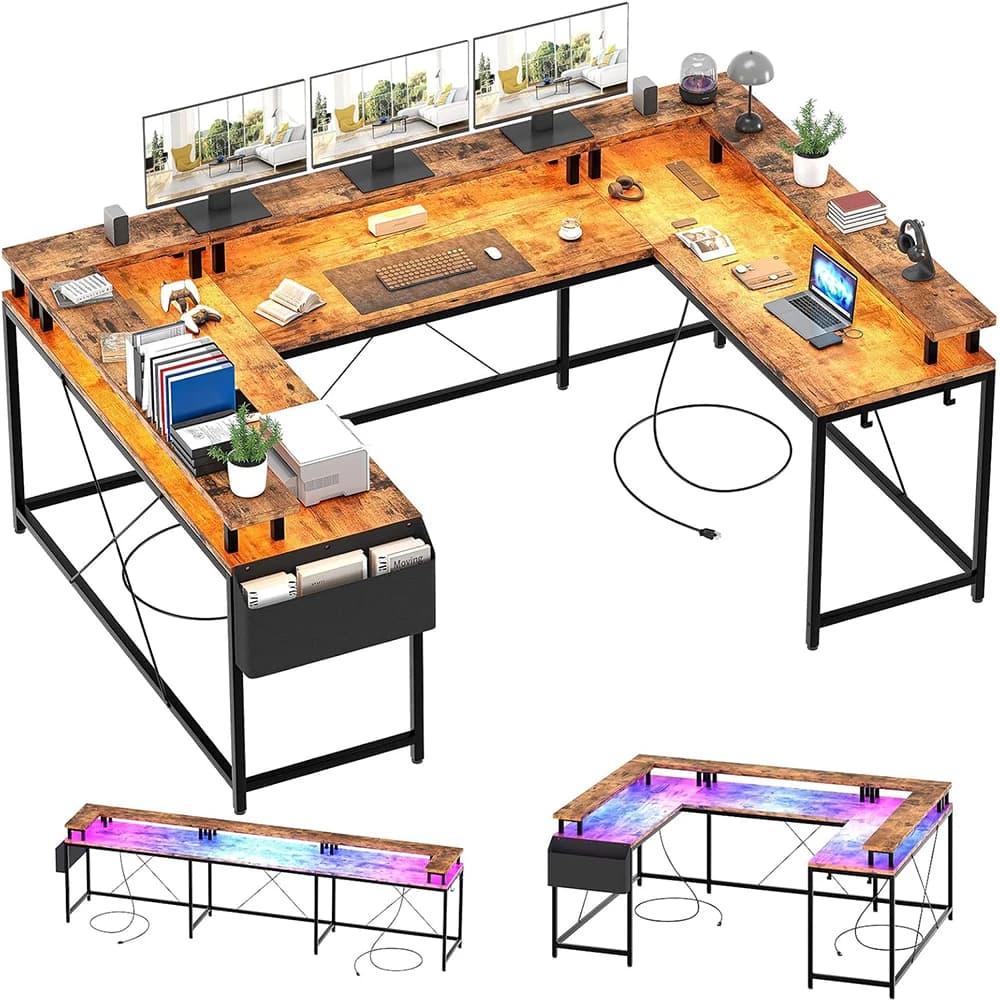 U-shaped gaming desk with display stand shelves, computer corner desk with 2 sockets, RGB color LED light adjustable