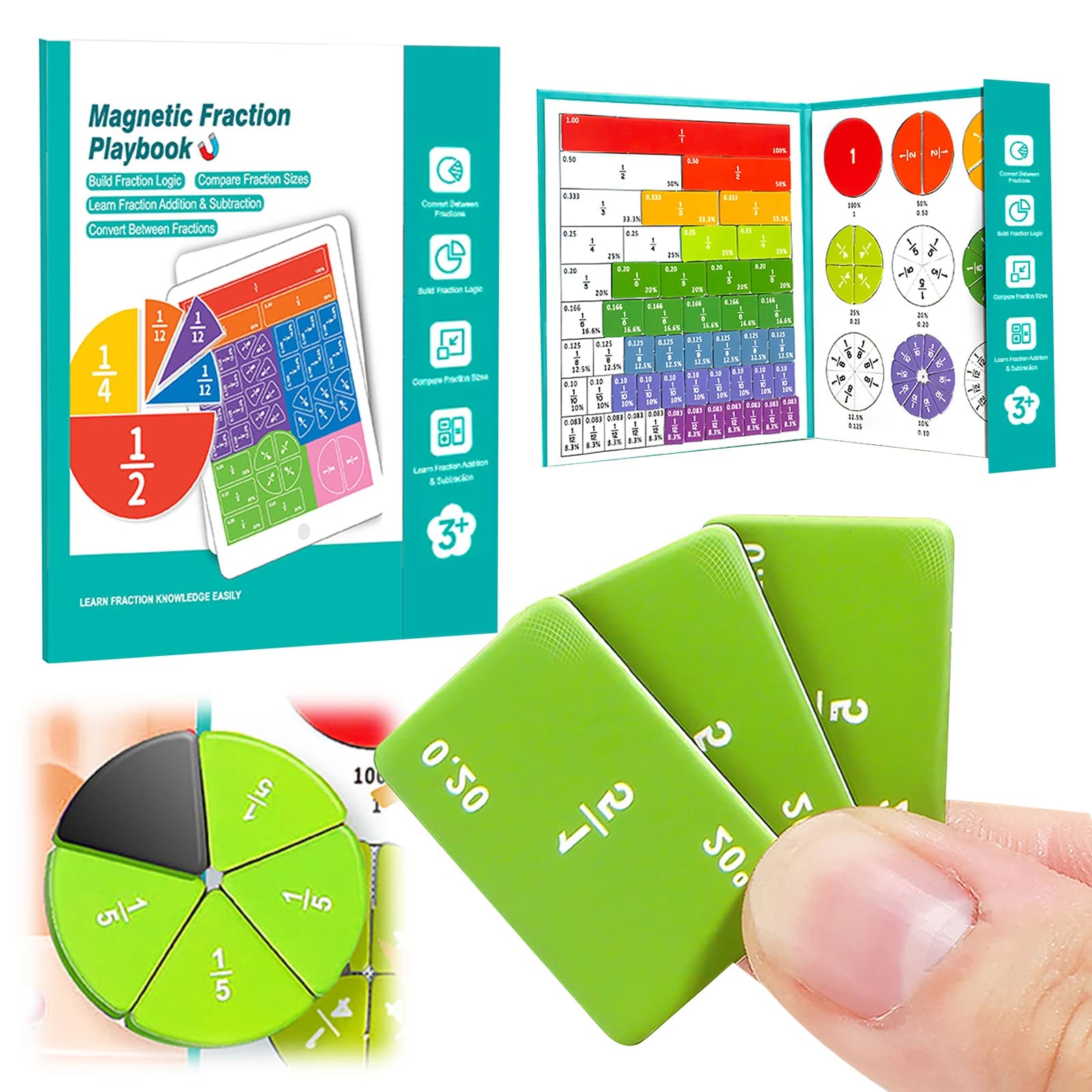 Set Montessori Magnetico per la Maturazione Matematica, Libro di Frazioni in Legno con 102 Pezzi per Bambini, per Addizione e Sottrazione