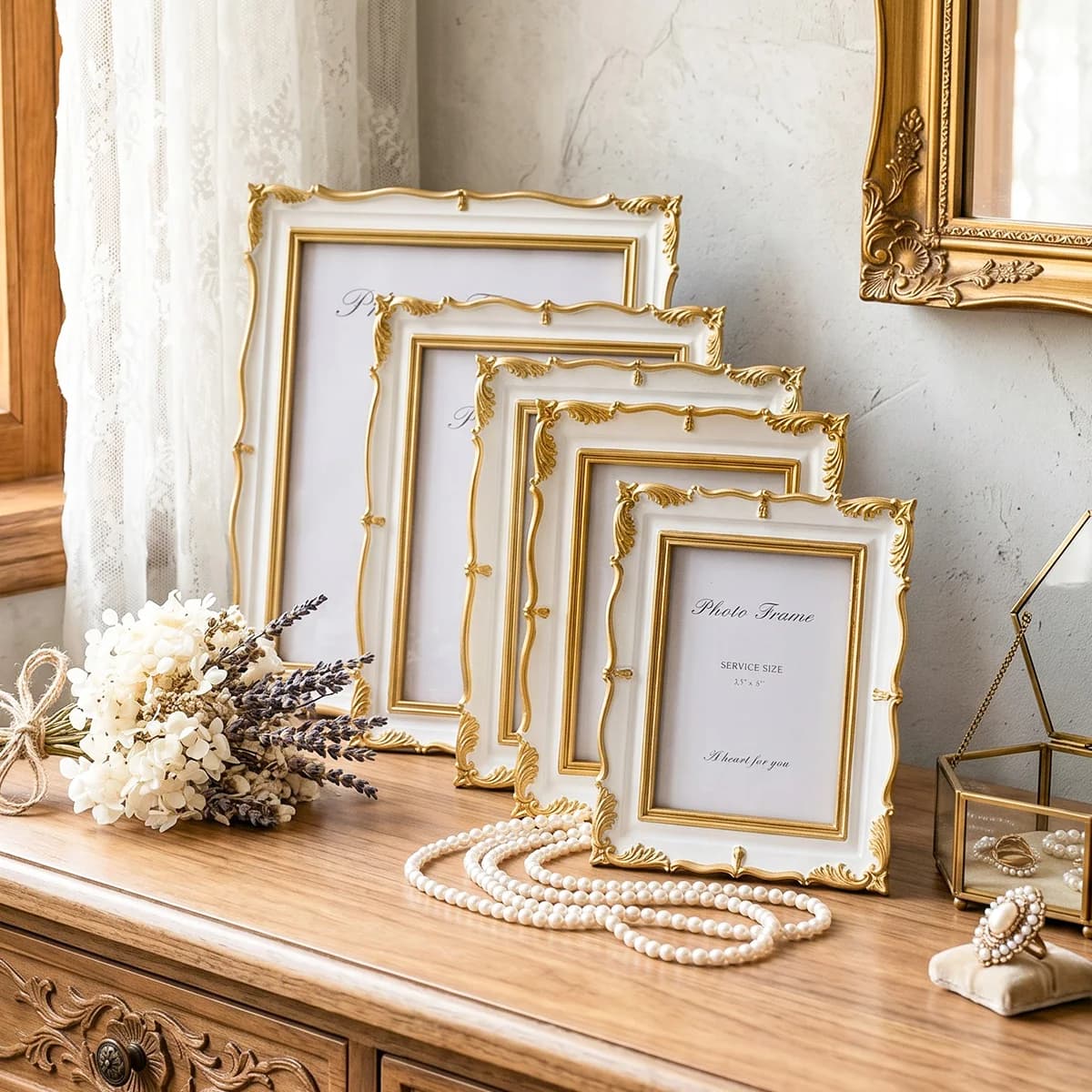 1PC, White Frame With Gold Border, Wave-shaped Engraved Decoration Picture Frame, Soft Resin Display Stand Picture Frame