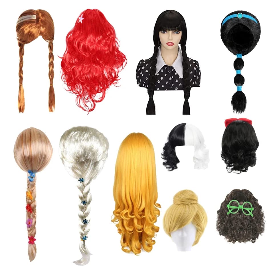 Parrucca cosplay principessa per ragazze Bambini Natale Halloween Festa di carnevale Elsa Ariel Aurora Anna Accessori per vestire Parrucca per bambola giocattolo per bambini