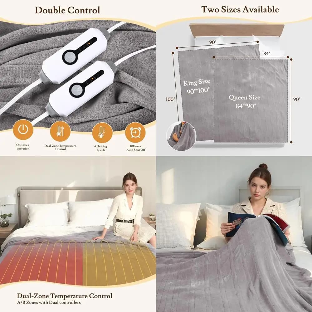 Coperta elettrica Queen Size 84x90 - 4 livelli di calore, doppi controlli, spegnimento automatico, morbido pile corallo, protezione dal surriscaldamento, luce G