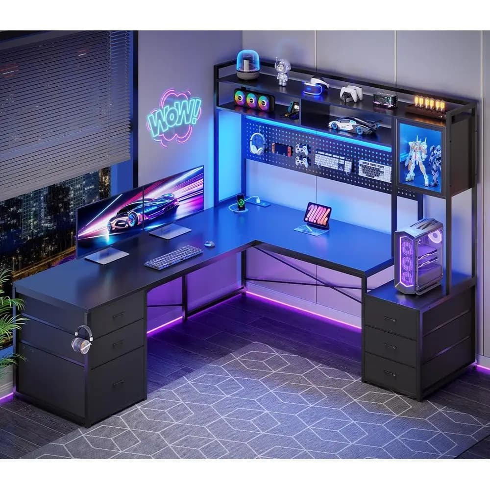Scrivania da Gaming a L con Cassetti, Scrivania Reversibile con Gestione Cavi, Hutch, Ripiani Portaoggetti, Scrivania da Gaming Illuminata a LED per Due, B