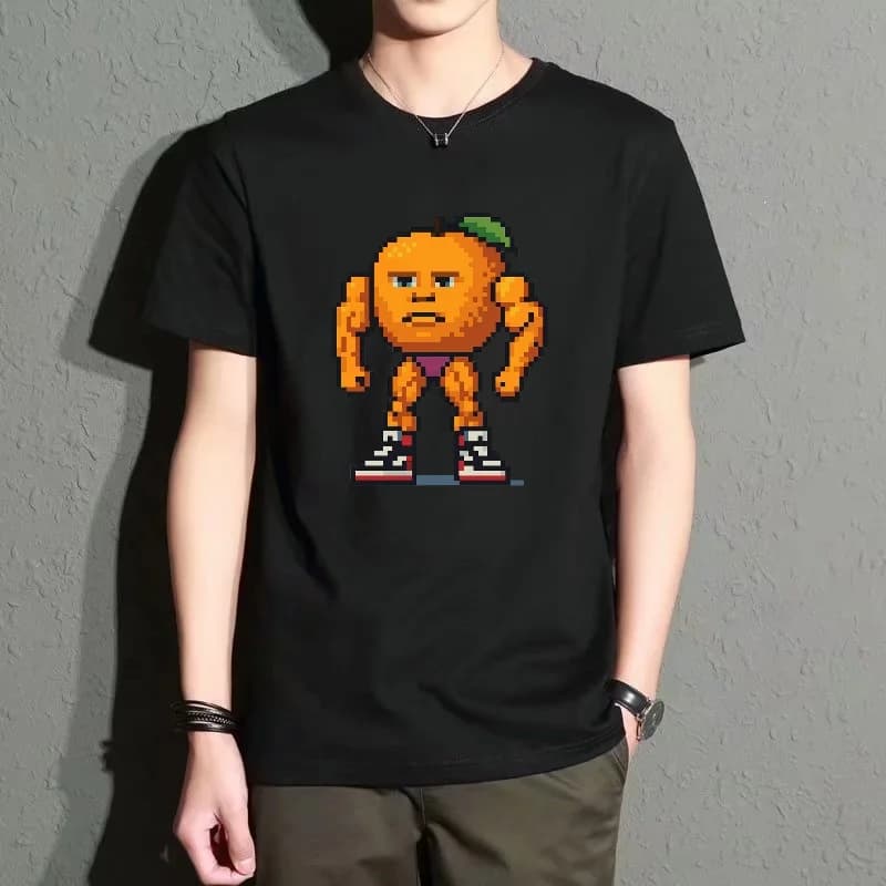 Men's Black Round-Neck Short-Sleeved T-Shirt, Fun Pixelated Orange Print Top, Casual Street Style, Versatile, Comfortable and Breathable for Everyday Wear